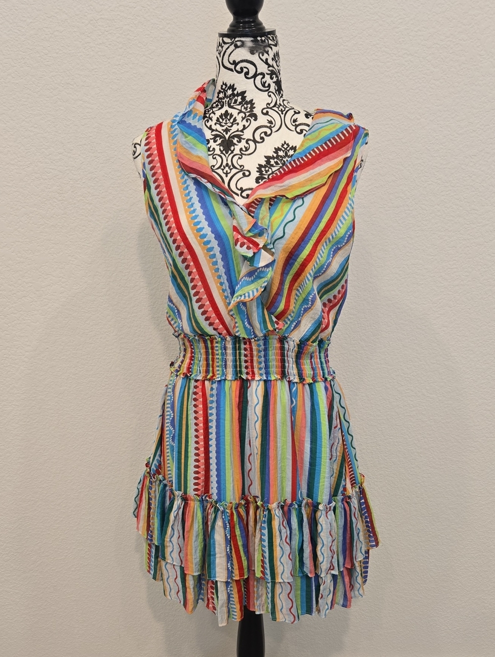NWOT Entro Rainbow Stripe Ruffle Mini Dress